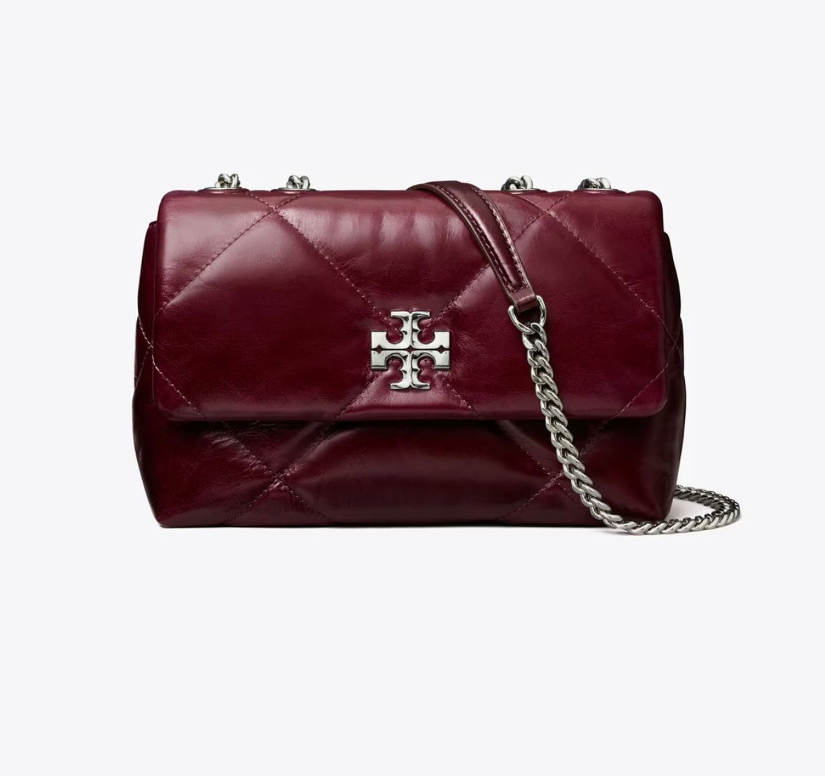 TORY BURCH SMALL KIRA DIAMOND QUILT DISTRESSED SHOULDER BAG IN BURGUNDY