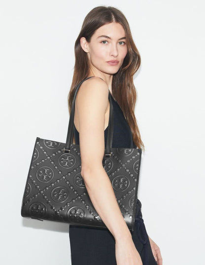 TORY BURCH T MONOGRAM CONTRAST EMBOSSED TOTE BLACK/BLACK