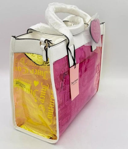 Juicy Couture Large 2pc Beachin Clear Logo MultiColor Tote Bag & Pouch Pink