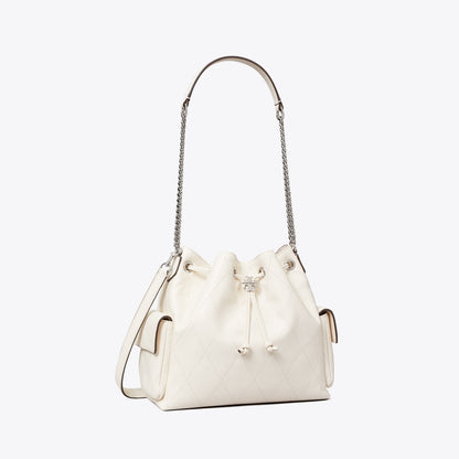 TORY BURCH CHARLIE QUILTED DRAWSTRING SHOULDER BAG IN WHITE