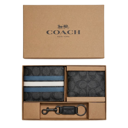 Coach men Compact 3-in-1 Wallet gift Set in Signature Canvas with Varsity Stripe