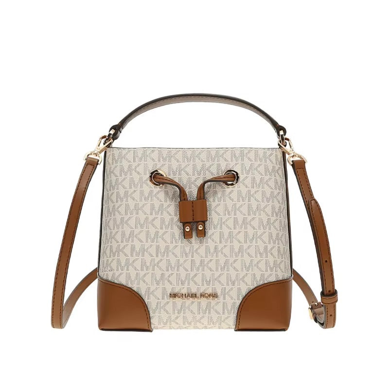 Michael Kors Mercer Small Vanilla Signature Leather Bucket Crossbody Bag