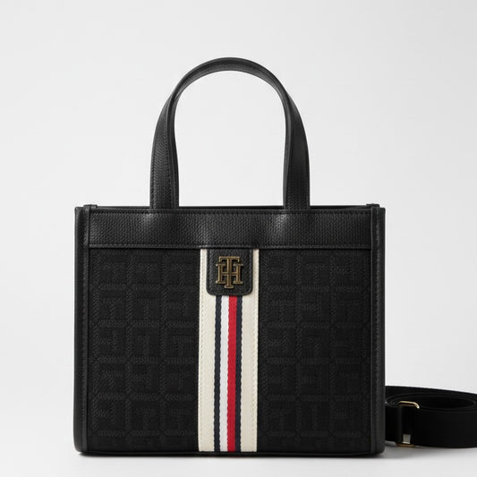 Tommy Hilfiger Brand Logo Textured Handheld Bag in black