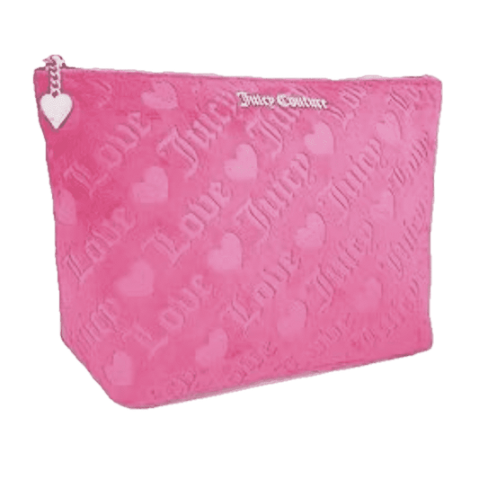 Juicy Couture Women’s Pink Velvet Love Embossed Cosmetics Pouch with Heart Charm Zipper