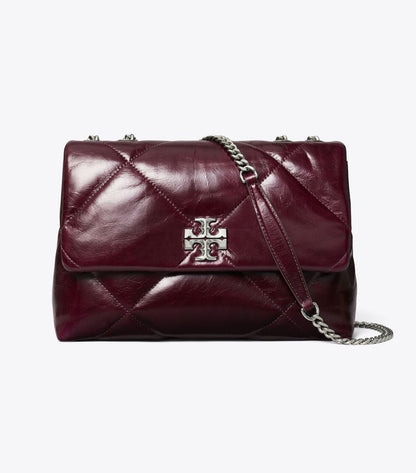 TORY BURCH KIRA DIAMOND QUILT DISTRESSED SHOULDER BAG IN DARK CARMINE