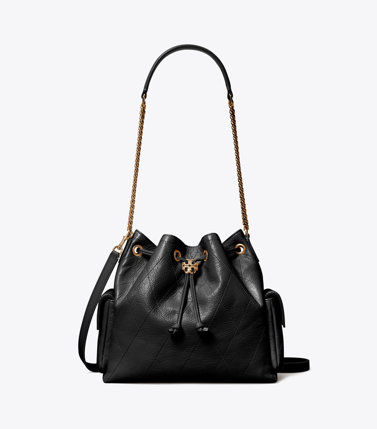 TORY BURCH CHARLIE QUILTED DRAWSTRING SHOULDER BAG IN BLACK
