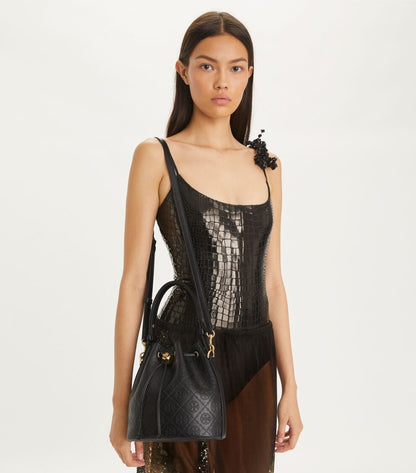 TORY BURCH T MONOGRAM LEATHER BUCKET BAG