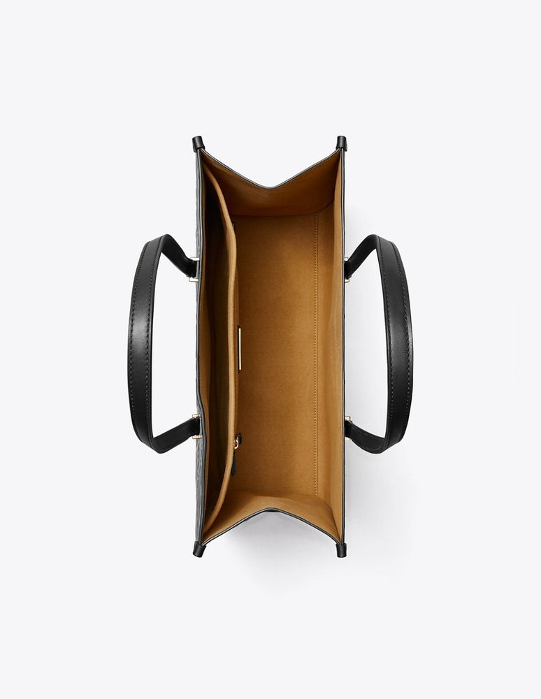 TORY BURCH T MONOGRAM CONTRAST EMBOSSED TOTE BLACK/BLACK