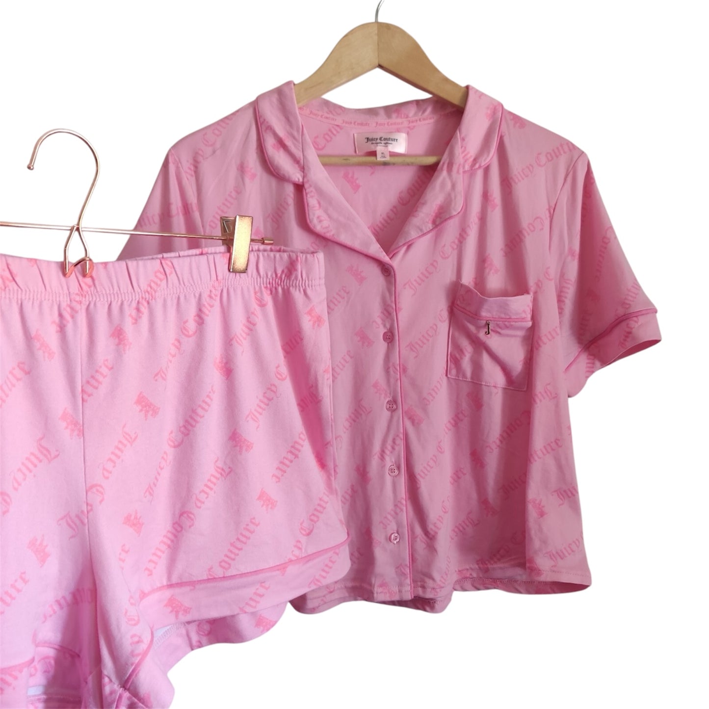 Juicy Couture Pink Logo Crown 2 Piece Pajamas Set Button Up Shirt Shorts