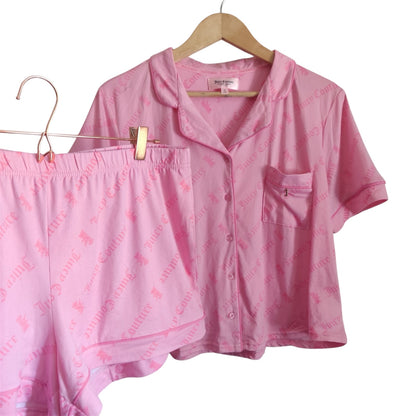 Juicy Couture Pink Logo Crown 2 Piece Pajamas Set Button Up Shirt Shorts
