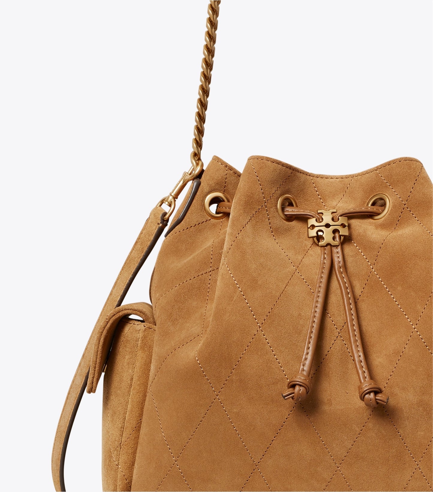 TORY BURCH CHARLIE QUILTED DRAWSTRING SHOULDER BAG IN SUEDE CAMEL