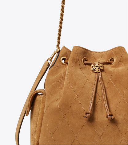 TORY BURCH CHARLIE QUILTED DRAWSTRING SHOULDER BAG IN SUEDE CAMEL