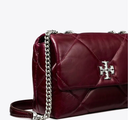 TORY BURCH SMALL KIRA DIAMOND QUILT DISTRESSED SHOULDER BAG IN BURGUNDY