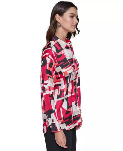 KARL LAGERFELD PARIS Women's Satin Printed Oversized Button-Front Top size M
