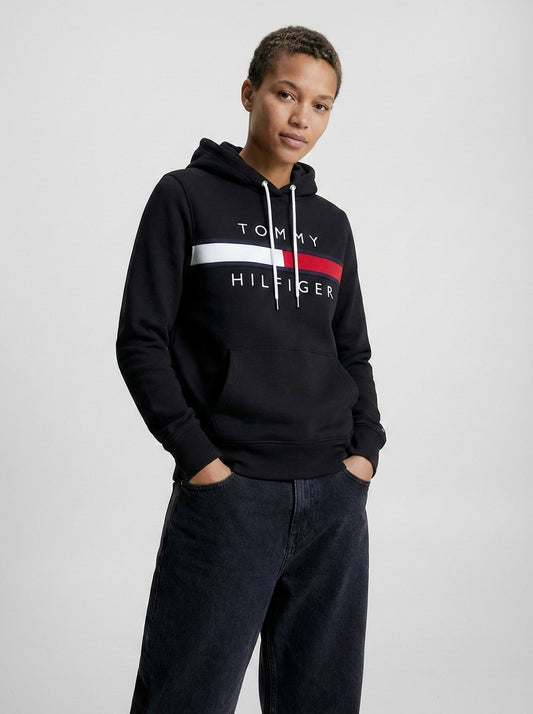 TOMMY HILFIGER BLACK HOODED SWEATSHIRT SIZE UNISEX SIZE L