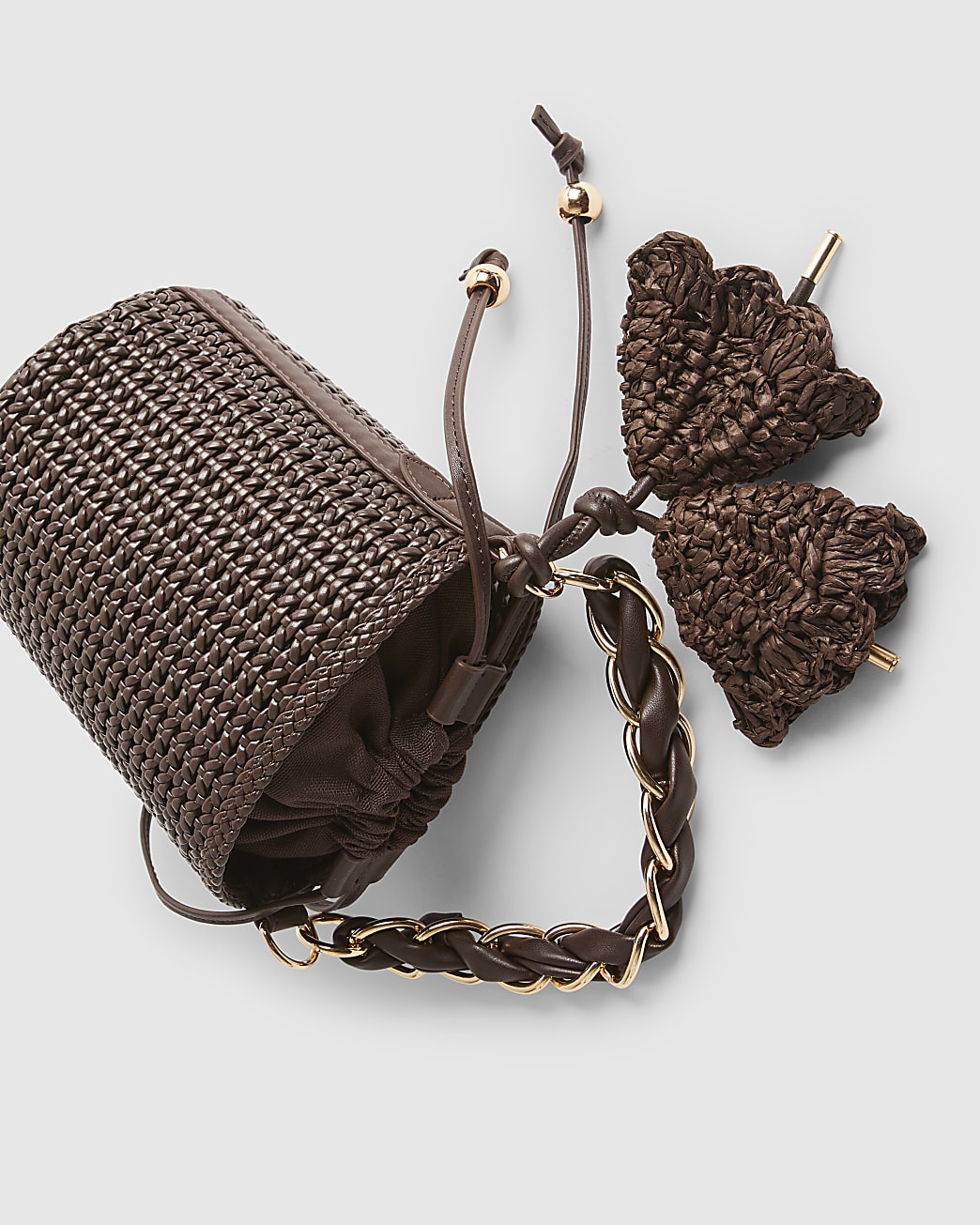 River Island Brown Chain Handle Woven Bucket Bag
