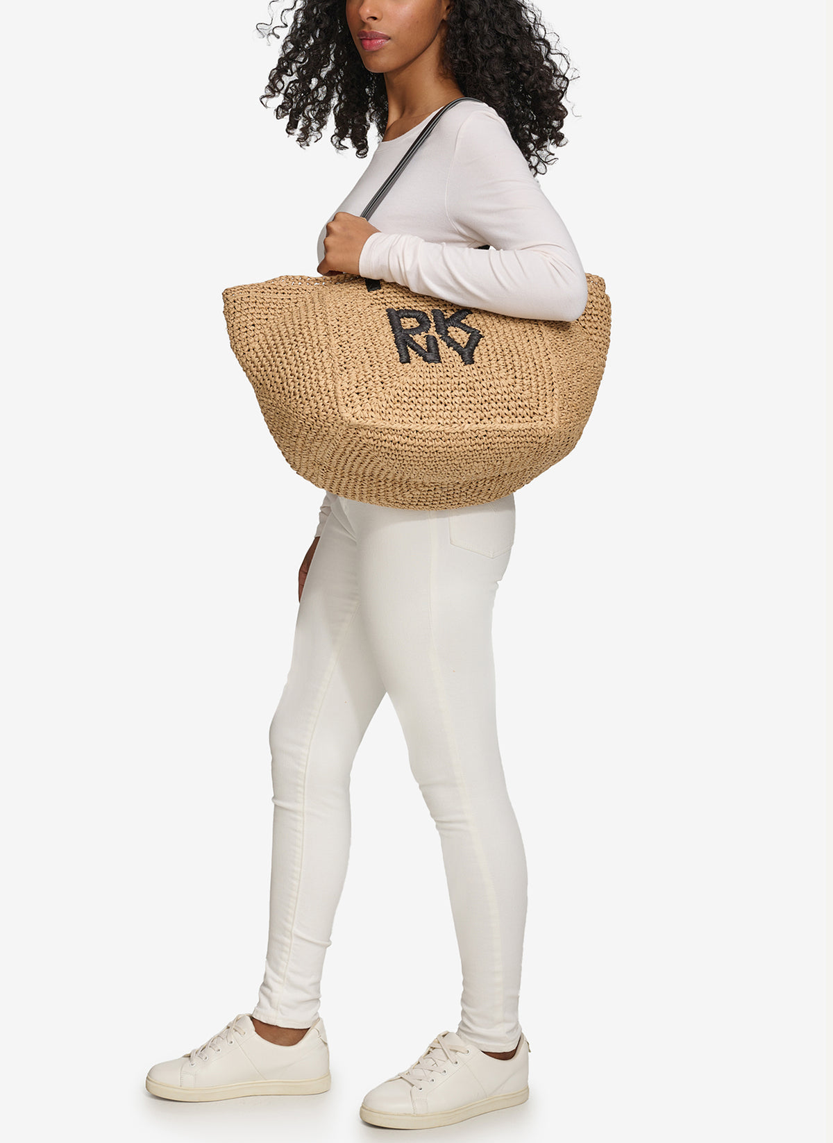 DKNY PALOMA CROCHET RAFFIA LOGO TOTE