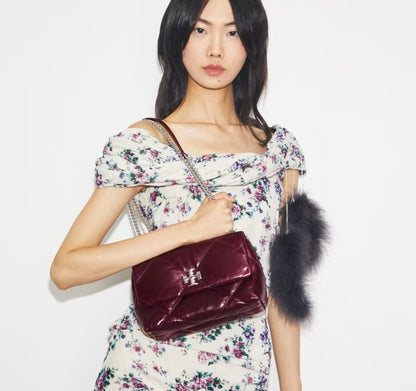 TORY BURCH SMALL KIRA DIAMOND QUILT DISTRESSED SHOULDER BAG IN BURGUNDY