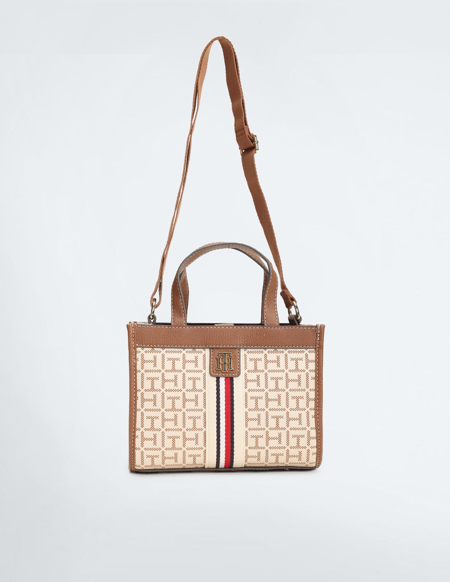 Tommy Hilfiger Brand Logo Textured Handheld Bag in beige