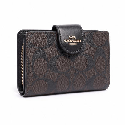Coach Medium Corner Zip Wallet in Dark Brown/Black Signature Canvas
