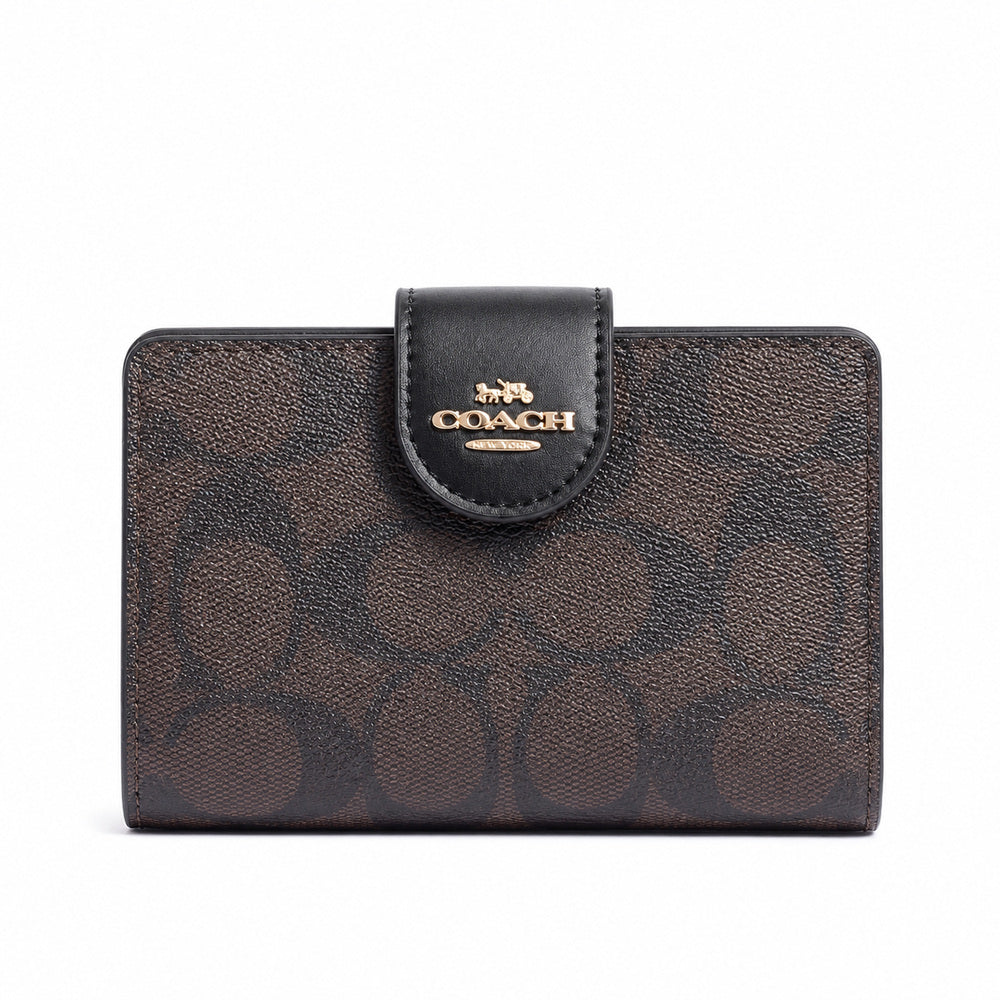 Coach Medium Corner Zip Wallet in Dark Brown/Black Signature Canvas