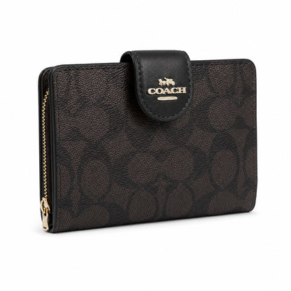 Coach Medium Corner Zip Wallet in Dark Brown Signature Canvas
