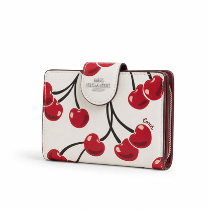 Coach Medium Corner Zip Wallet with Cherry Print in Chalk White