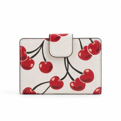 Coach Medium Corner Zip Wallet with Cherry Print in Chalk White