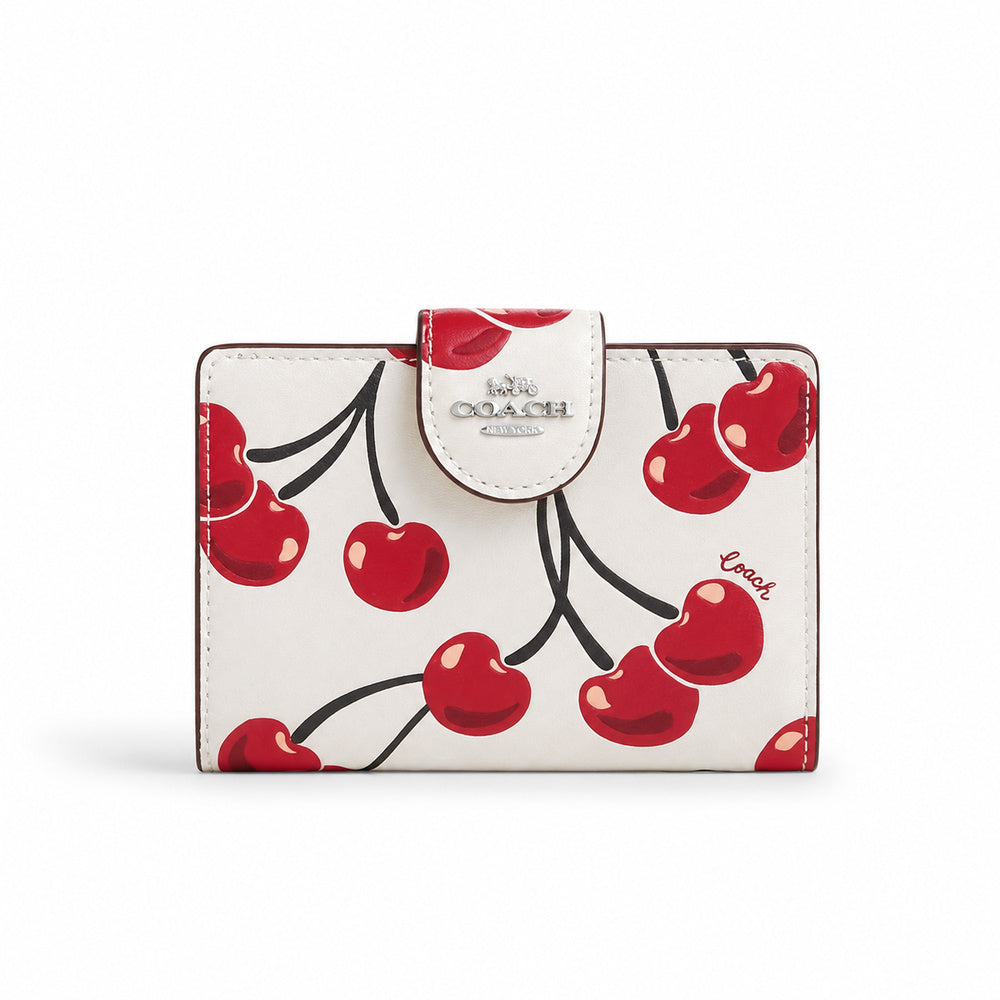 Coach Medium Corner Zip Wallet with Cherry Print in Chalk White
