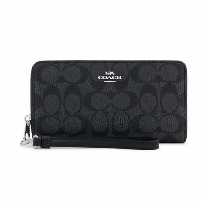 Coach Long Zip Around Wallet In Black Signature Canvas