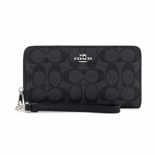 Coach Long Zip Around Wallet In Black Signature Canvas