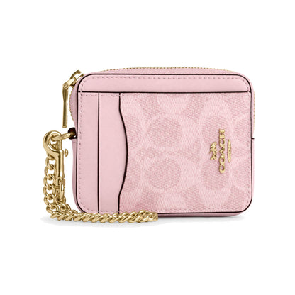 Coach Zip Card Case with Chain in Pale Pink Signature Canvas