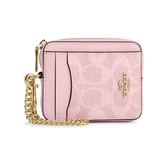 Coach Zip Card Case with Chain in Pale Pink Signature Canvas