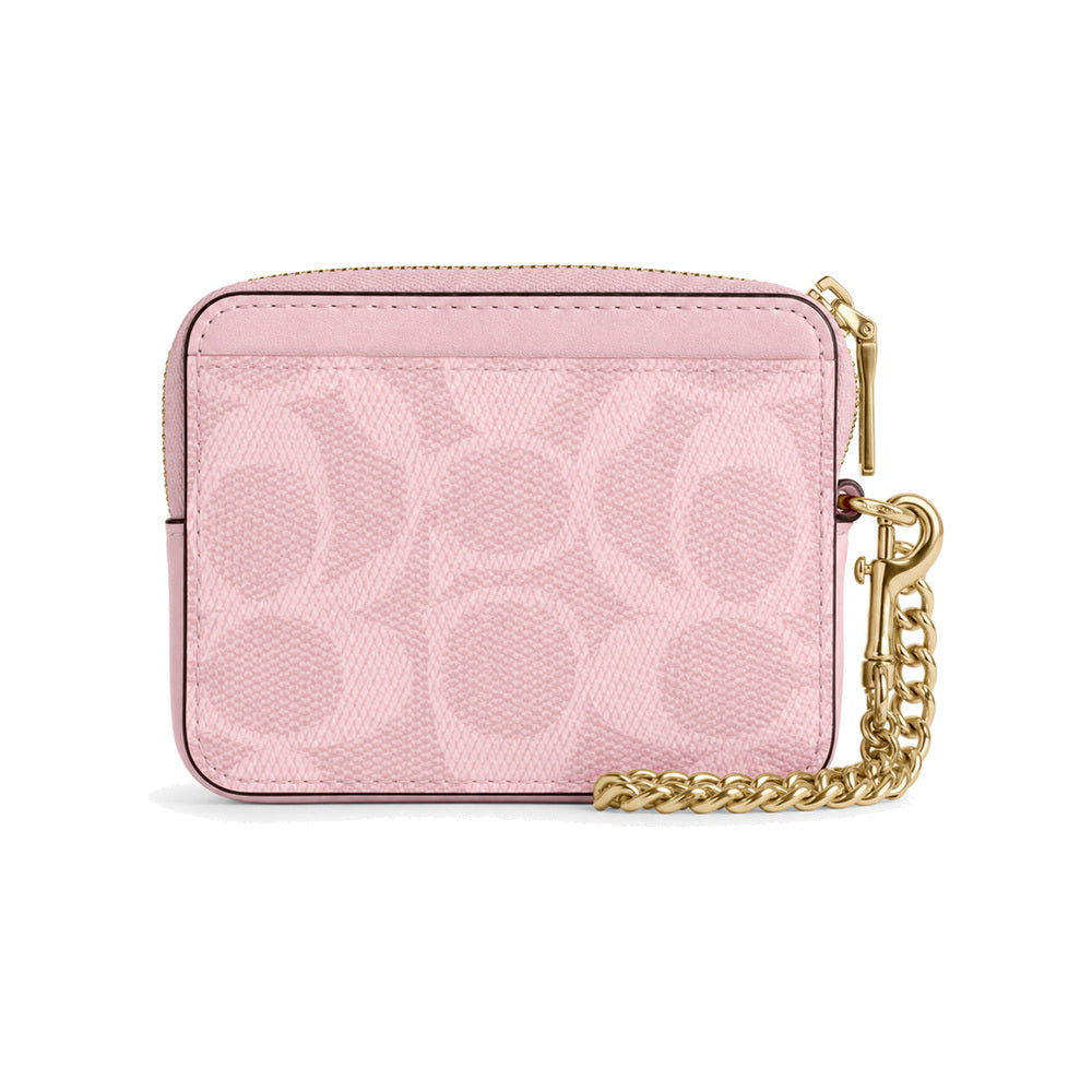 Coach Zip Card Case with Chain in Pale Pink Signature Canvas