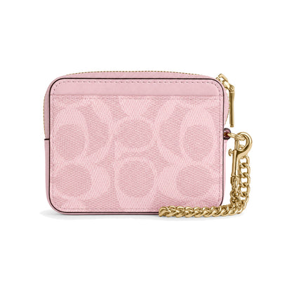 Coach Zip Card Case with Chain in Pale Pink Signature Canvas