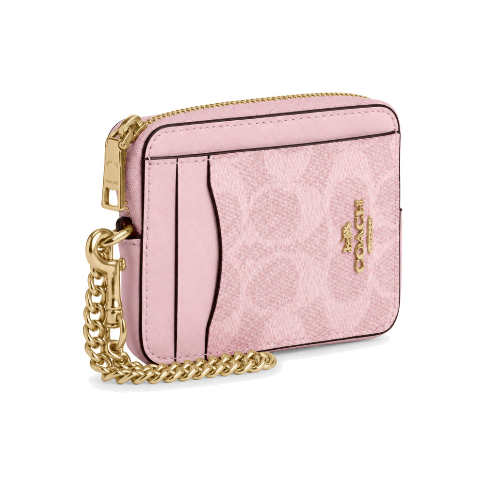 Coach Zip Card Case with Chain in Pale Pink Signature Canvas