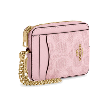 Coach Zip Card Case with Chain in Pale Pink Signature Canvas