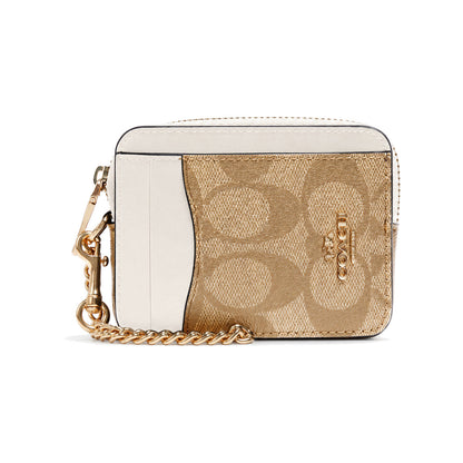 Coach Zip Card Case with Chain in Light Khaki/Chalk Signature Canvas