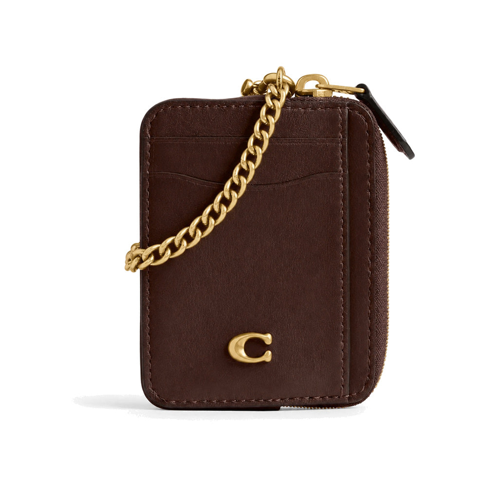 Coach Vertical Zip Card Case with Chain in Dark Brown