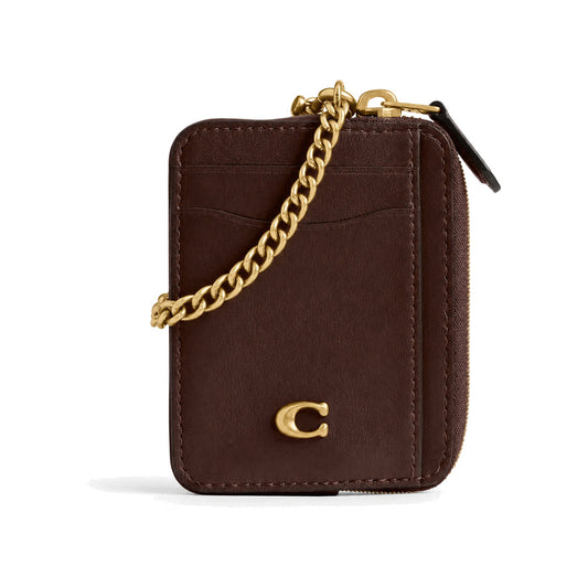 Coach Vertical Zip Card Case with Chain in Dark Brown
