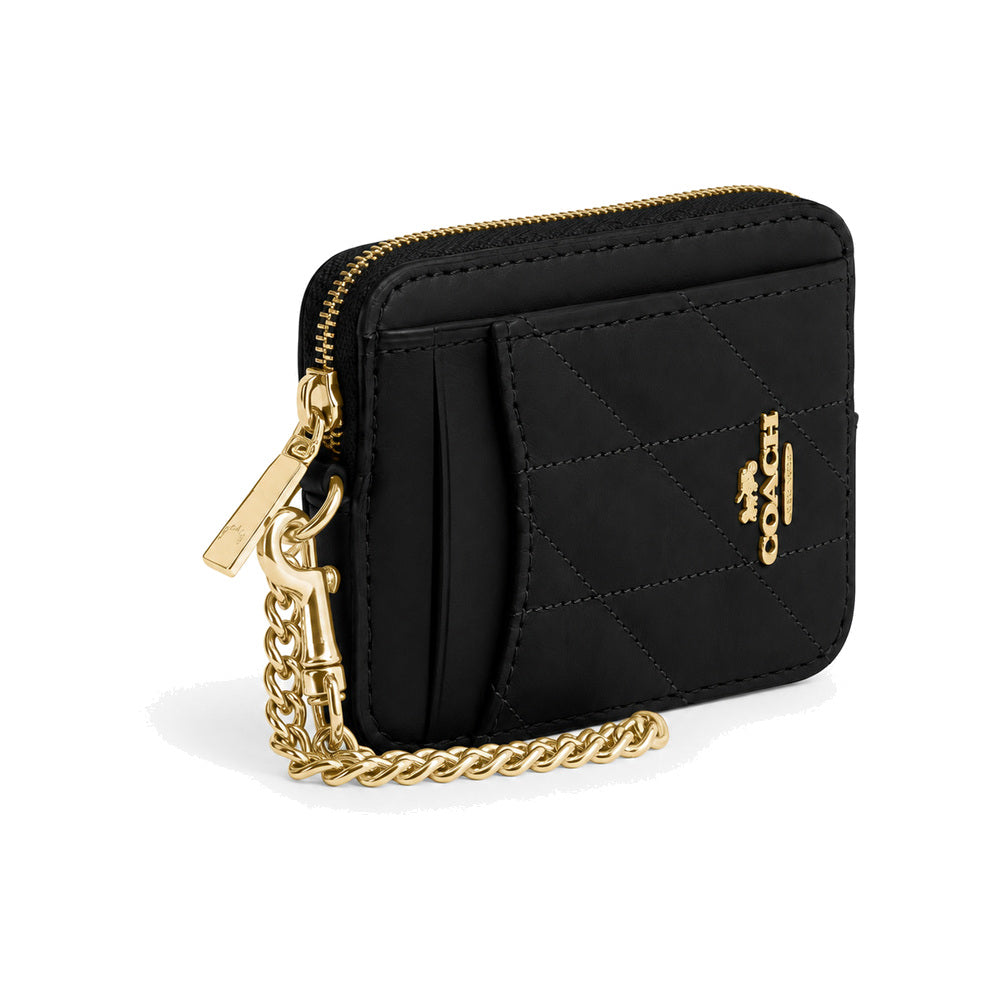 Coach Quilted Zip Card Case with Chain in Black