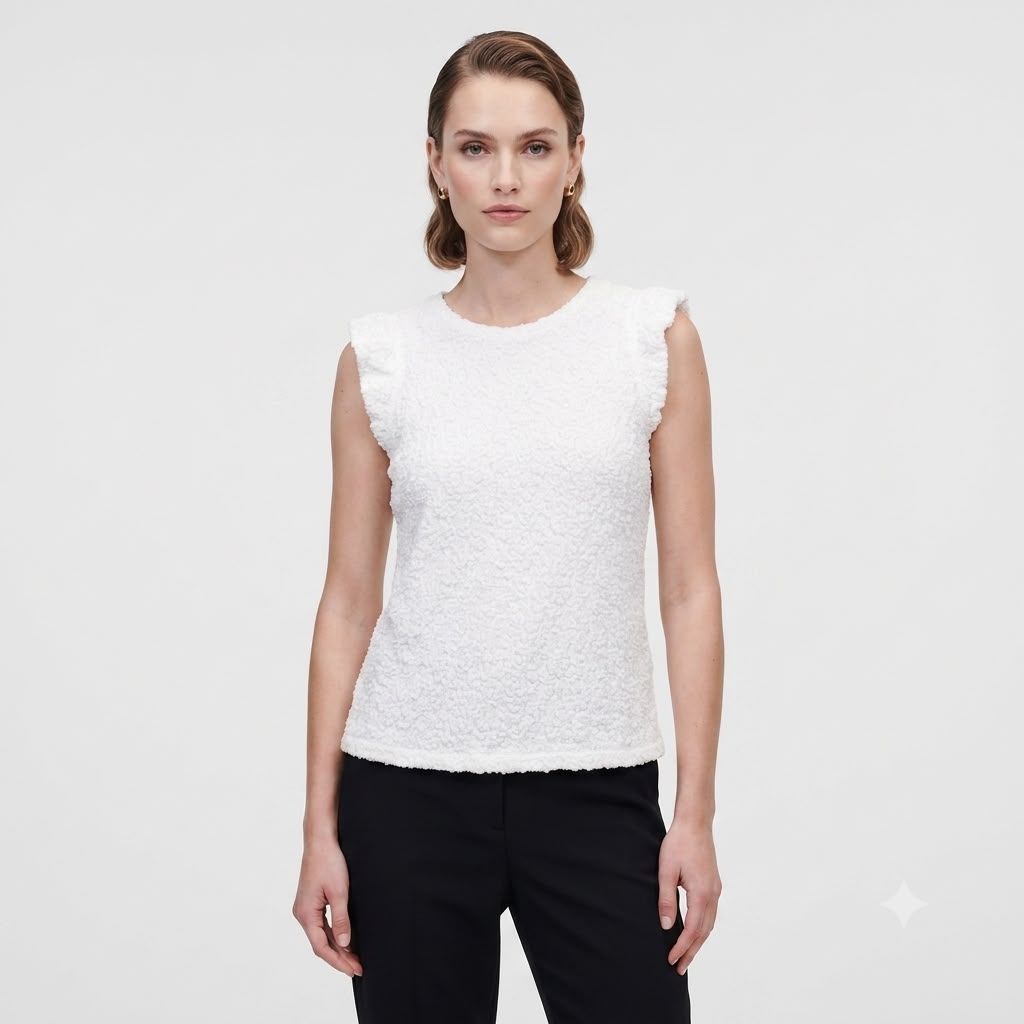 Karl Lagerfeld Bouclé Ruffle-Sleeve Top – White LARGE