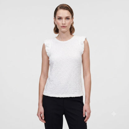 Karl Lagerfeld Bouclé Ruffle-Sleeve Top – White LARGE