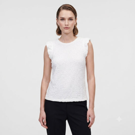 Karl Lagerfeld Bouclé Ruffle-Sleeve Top – White LARGE