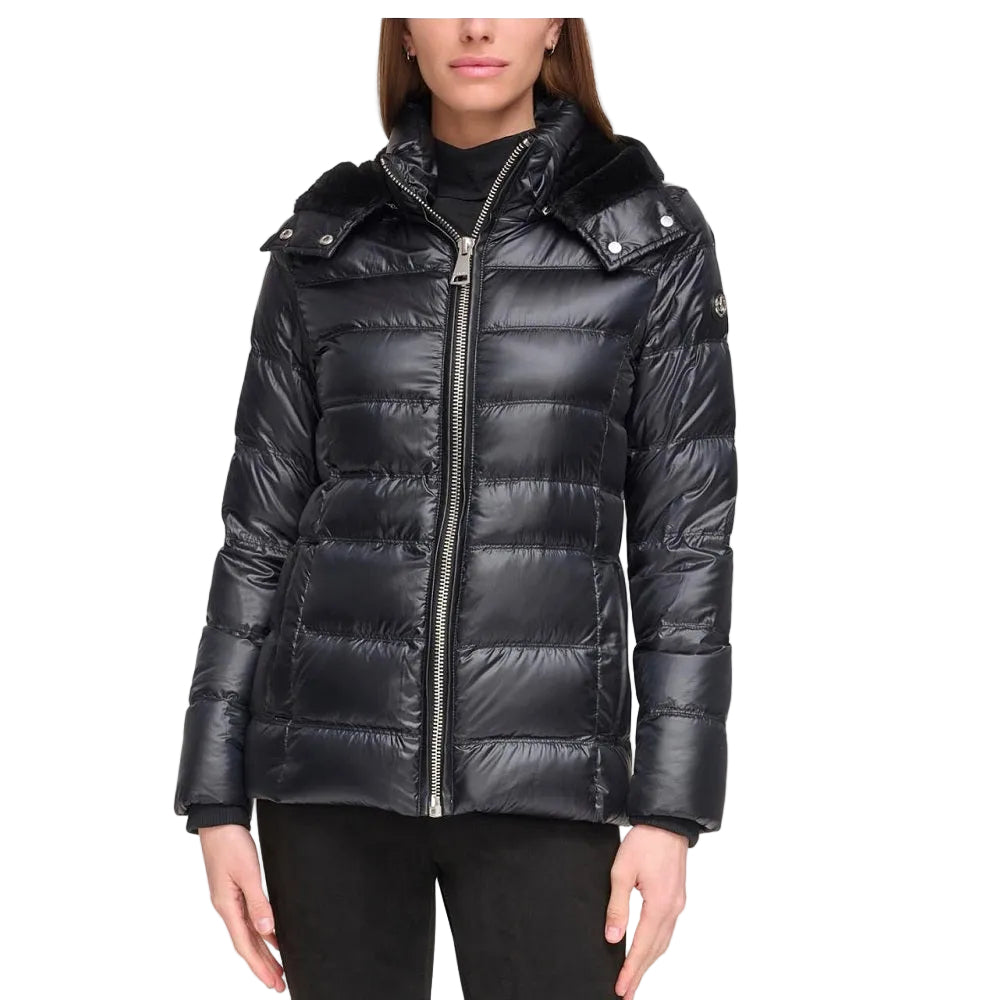 Calvin Klein Puffer Coat with Glossy Finish and Faux-Fur Hood in Black