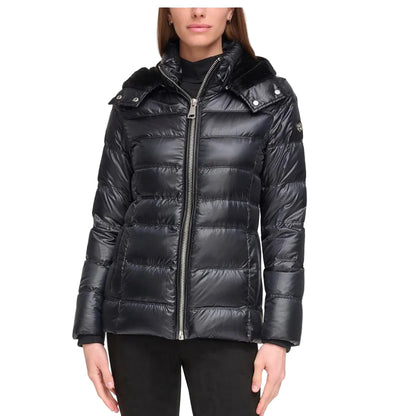 Calvin Klein Puffer Coat with Glossy Finish and Faux-Fur Hood in Black