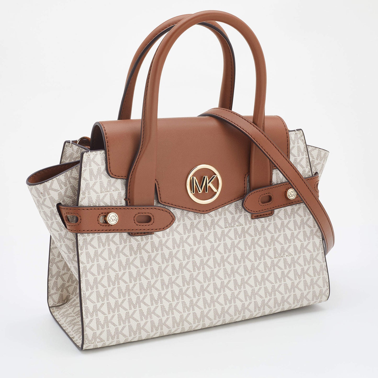 Michael Kors White/Tan Signature Coated Canvas and Leather Carmen Satchel