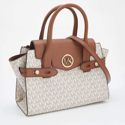 Michael Kors White/Tan Signature Coated Canvas and Leather Carmen Satchel