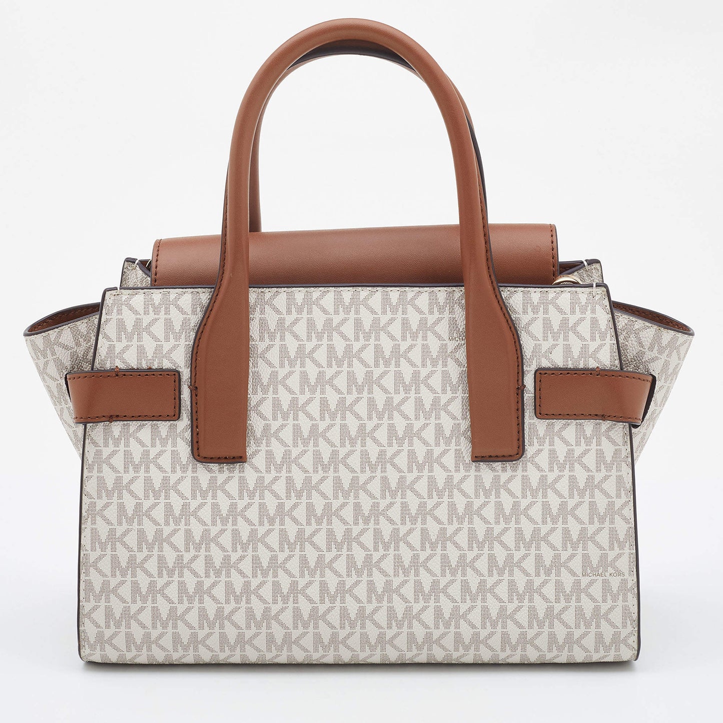 Michael Kors White/Tan Signature Coated Canvas and Leather Carmen Satchel