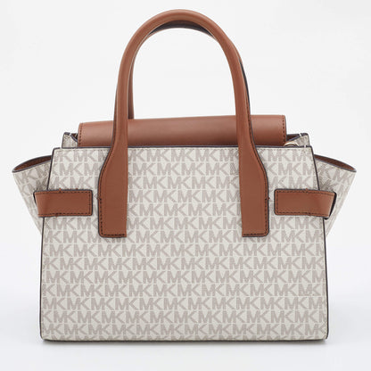 Michael Kors White/Tan Signature Coated Canvas and Leather Carmen Satchel